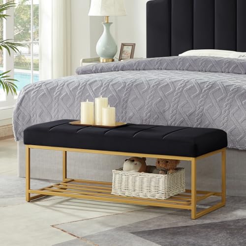 24KF Black Velvet Upholstered End of Bed Bench with Metal Shelf Modern Tufted Channel Entryway Bench Footboard Bench for Living Room Bedroom Gold Bench 5036-Black