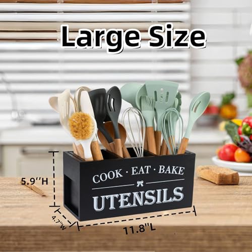Utensil Holder,Large Wooden Utensil Holder For Kitchen Counter,Cooking Spatula Organizer,Big Storage Caddy With 3 Compartments Flatware Spoon Tool Cutlery(Black)