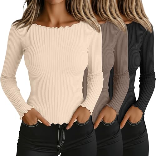 Riyiper 3 Pack Women's Long Sleeve Shirts Ribbed Cotton Boat Neck Tops Lettuce Trim Underscrub Slim Fit Casual Basic Tees