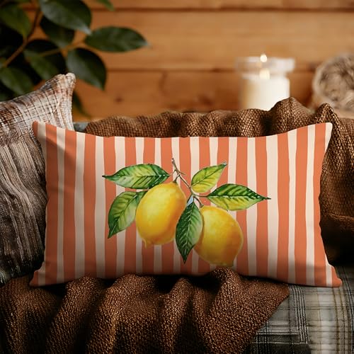 Image of Terracotta and Yellow Summer Italian Mediterranean Amalfi Coast Lemon Pillow Cover Decor 12x20,Italian Striped Decorative Throw Pillow Cover Decor for Couch Double-Sided