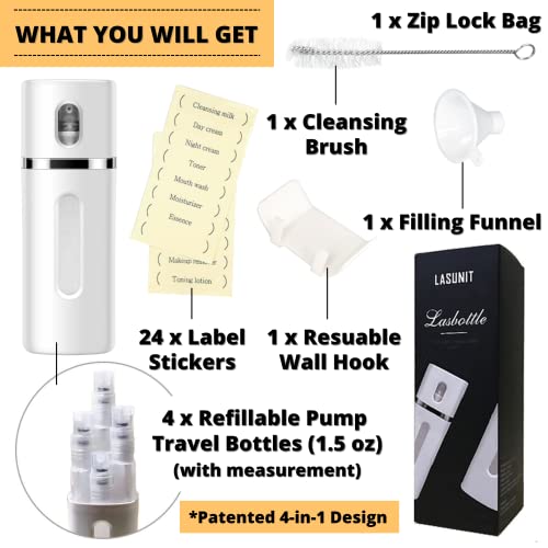 Lasbottle 4 In 1 Travel Bottle Travel Accessory Liquid Dispenser Travel Container Pump Bottle Leak Proof Toiletries Soap Cosmetic Body Wash Shampoo Lotion Spray Tsa Approved Bpa Free (White Silver) #TOP1