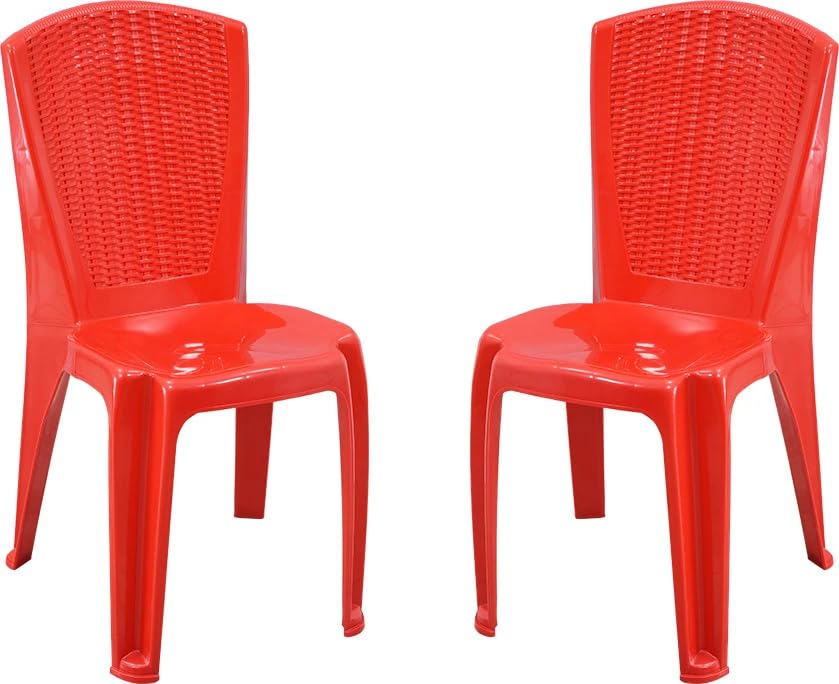 Image of Furniture 4 Seater Max Plastic Cross Leg Dining Table and 4 Nos SW-01701 Without arm chairfor Home, Garden & Cafeteria (Finish Color -Red top with Black Legs, DIY(Do-It-Yourself)