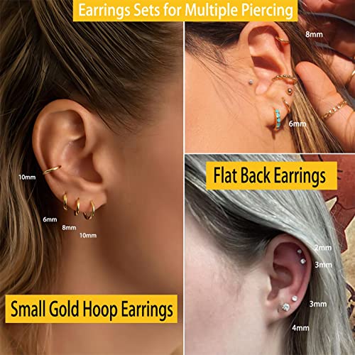 Dainty 6 Pairs Earrings Sets For Multiple Piercing, Lightweight 14K Gold Plated Small Huggie Hoop Earrings, Flat Back Tiny Cubic Zirconia Stud Earrings For Cartilage, Helix, Lobe, Hypoallergenic (14K Gold Plated- Huggie Hoops And Cz Studs) #TOP1