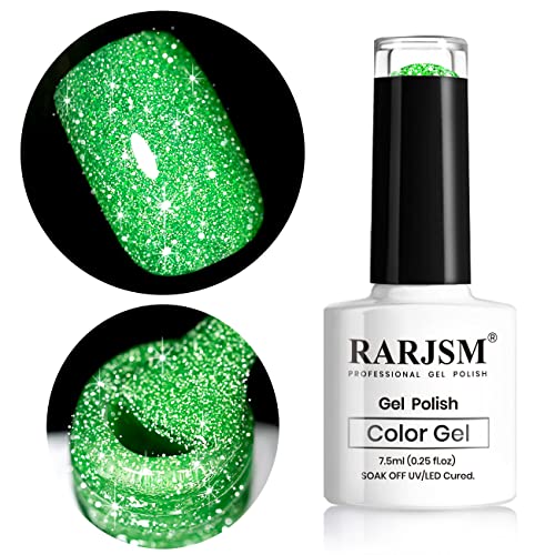 RARJSM Neon Gel Nail Polish Green Glitter Reflective Green Gel Polish 7.5ml 1pcs Flashlight Sparkly Shiny Disco Shimmer Nail Polish UV LED Curing Needed Soak Off Nail Art Home Diy Manicure