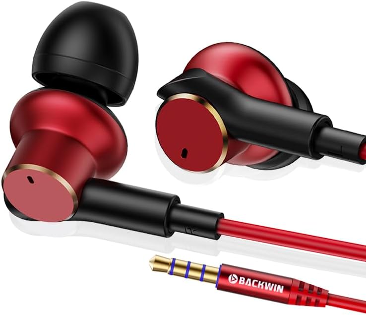 BACKWIN Wired Earbuds Dual-Drive Iron Ring in-Ear Headphones with mic Hi-Res immersive Sound Heavy bass Noise Isolation Earphones bass Boost,High Fidelity 3.5mm Jack Ear Buds Noise-Cancelling (Red)