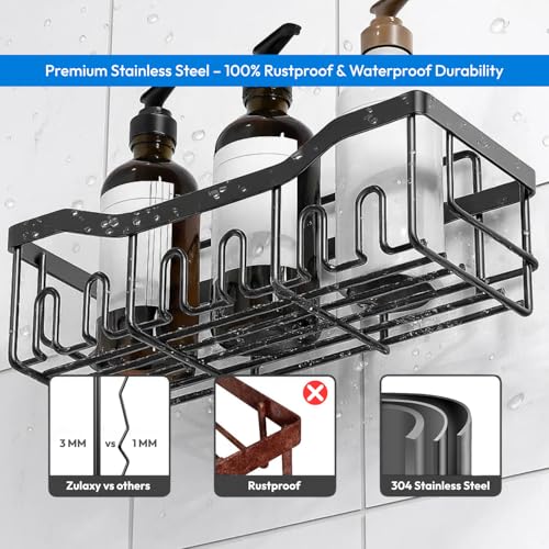 Image of Zulaxy 5 in 1 Self Adhesive Bathroom Shelf Organizer with Soap Holder | Multipurpose Storage Rack Combo for Bathroom & Kitchen | No Drill, Rustproof, Stainless Steel and Waterproof (Set of 5, Black)