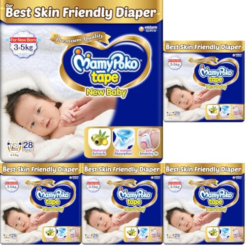 Image of Mamypoko New Baby| Tape Style Baby Diapers, 28 Count, 3-5kg||2x Instant Absorption| Soft stretchy fit |Natural Extracts for Nourishment | Loose Stool Stopper, Wetness Indicator (Pack of 5)