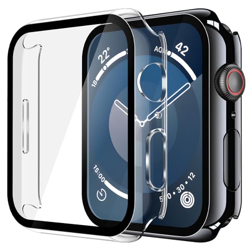 Image of Misxi 2 Pack Tempered Glass Case Compatible for Apple Watch Series 9 Series 8 Series 7 45mm, Hard PC Screen Protector Overall Protection Scratch-Resistant Cover for iWatch, 1 Jet Black + 1 Transparent