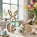 DR.DUDU Set of 2 Easter Decorations Bunny Figurines with Eggs, Spring Straw Rabbit Tabletop Decor, Rustic Sisal Bunny Statues Springtime Decor for Home Table Office Kitchen Farmhouse