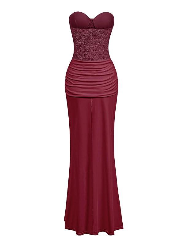 Rosegalette Womens Sexy Strapless Bodycon Corset Maxi Dress Sparkly Sequin Tie Waist Elegant Long Wedding Guest Dresses Deep Wine by Rosegalette - Used condition - Image 5