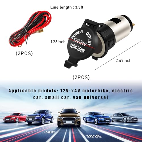 Ohleats 2PCS Car Cigarette Lighter Socket, 12V Waterproof Auto Cigarette Lighter Adapter with Extension Cable, Vehicle Lighter Power Outlet Socket Replacement, Universal Car Accessories