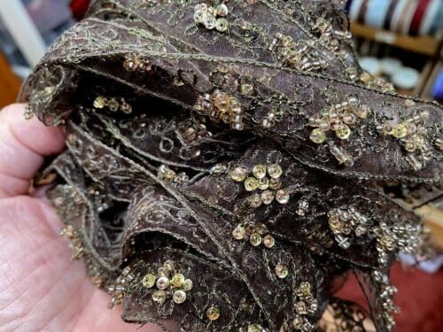 Brown Gold Embroidered Hand Beaded 7/8" Metallic Trim Glass Sequins 1yd Brown Gold Fabric