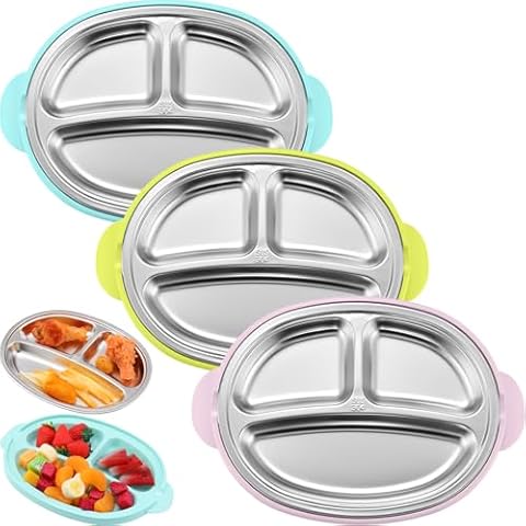 Nuogo 3 Packs Stainless Steel Kids Plates 3 Sections Divided Plates with Anti-scalding Plastic Base Plates 304 Stainless Steel Dinner Metal Plates Unbreakable Dishwasher Safe 8.5"w x 6.6"h x 1"d Cover