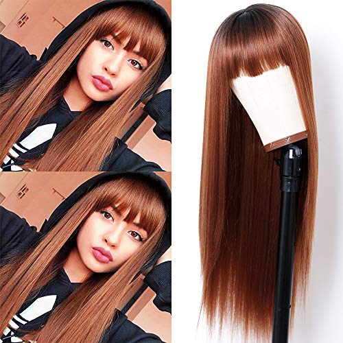 Freyja Long Straight Brown Wig with Bangs Black Roots Synthetic Ombre Brown Wigs for Girl Heat Resistant Fiber 24 Inch Colorful Cosplay Daily Party Wigs