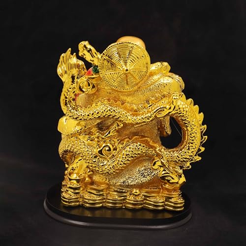 Image of Spillbox Resin Golden Happy man Statue|Laughing Buddha|Feng Shui|Show Piece|Gift Item |Vastu|Decorative Showpiece for Home Decor|Office Desk Table (Happy Man with Dragon)