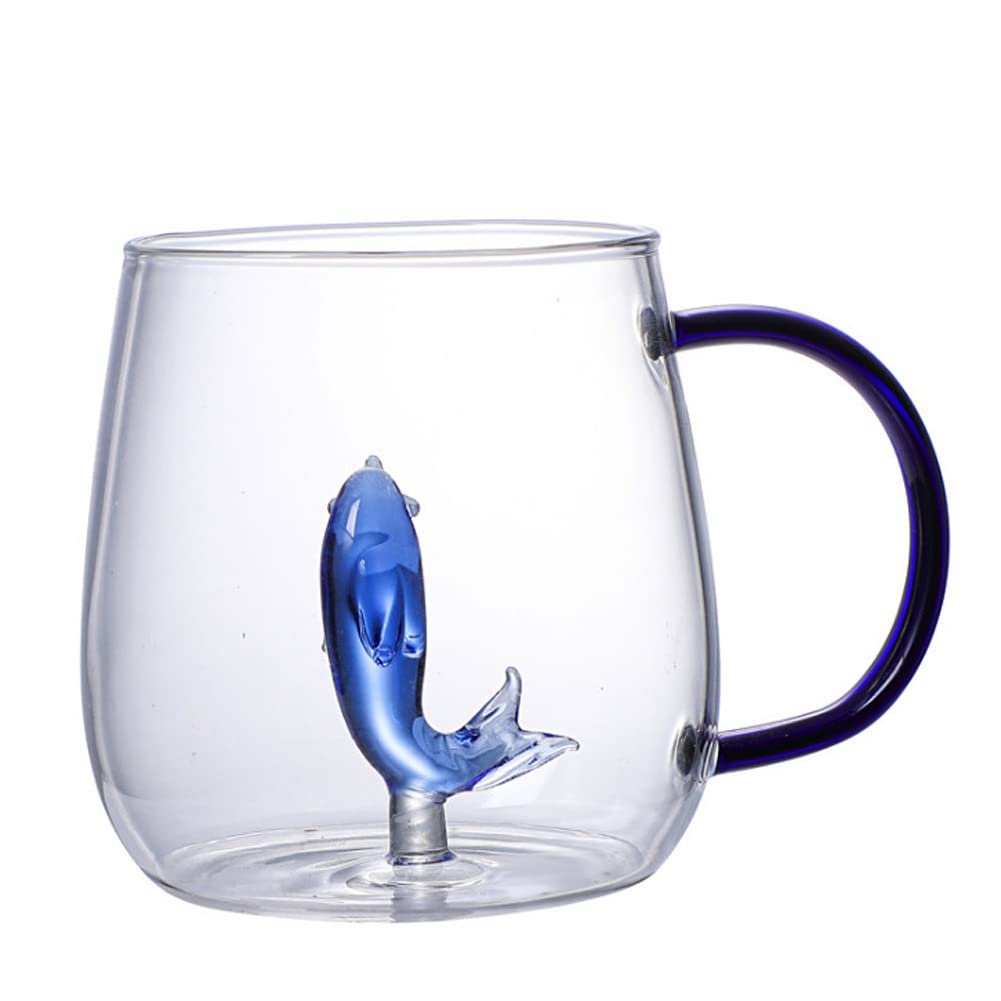 ACEVERDecorative 3D Cartoon Animal Figurine Glass Cup Coffee Mug Teacup for Desktop Decoration Christmas Birthday Valentine's Day Gift (Blue-Dolphin)