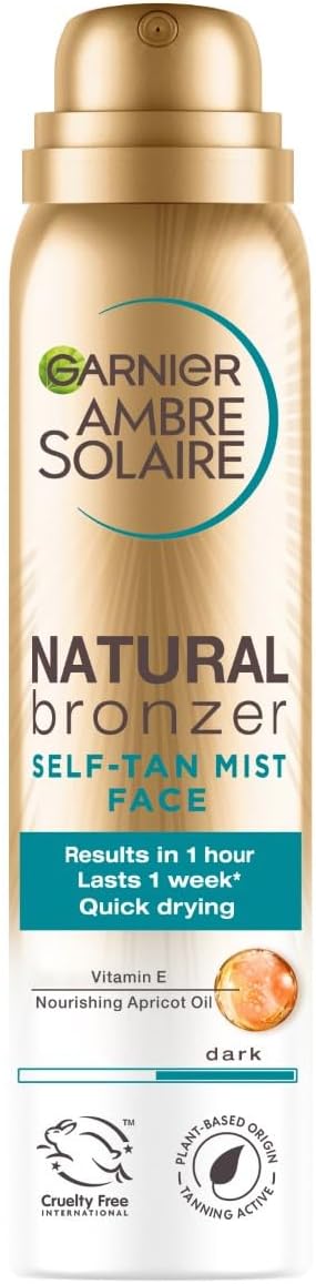 Garnier Ambre Solaire Self Tan (75ml), Natural Bronzer Quick Drying Dark Fake Tan Face Mist, Intense & Streak Free, Lasts Up to 1 week, Vegan Formula, Radiant Glow For All Skin Types