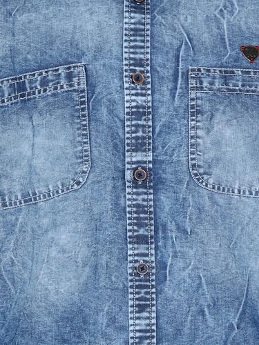 Image of Kuons Avenue Men's Stonewash Denim Shirt | Half Sleeve | Regular Fit | | Double Pocket Solid Denim Shirt