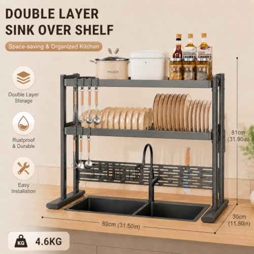 Image of COMFYHOME Over Sink Dish Drying Rack, 2 Layer, Kitchen Sink Dish Rack, for Plates, Bowls & Utensils, Rust-Resistant and Sturdy(80cm*30cm*81cm)