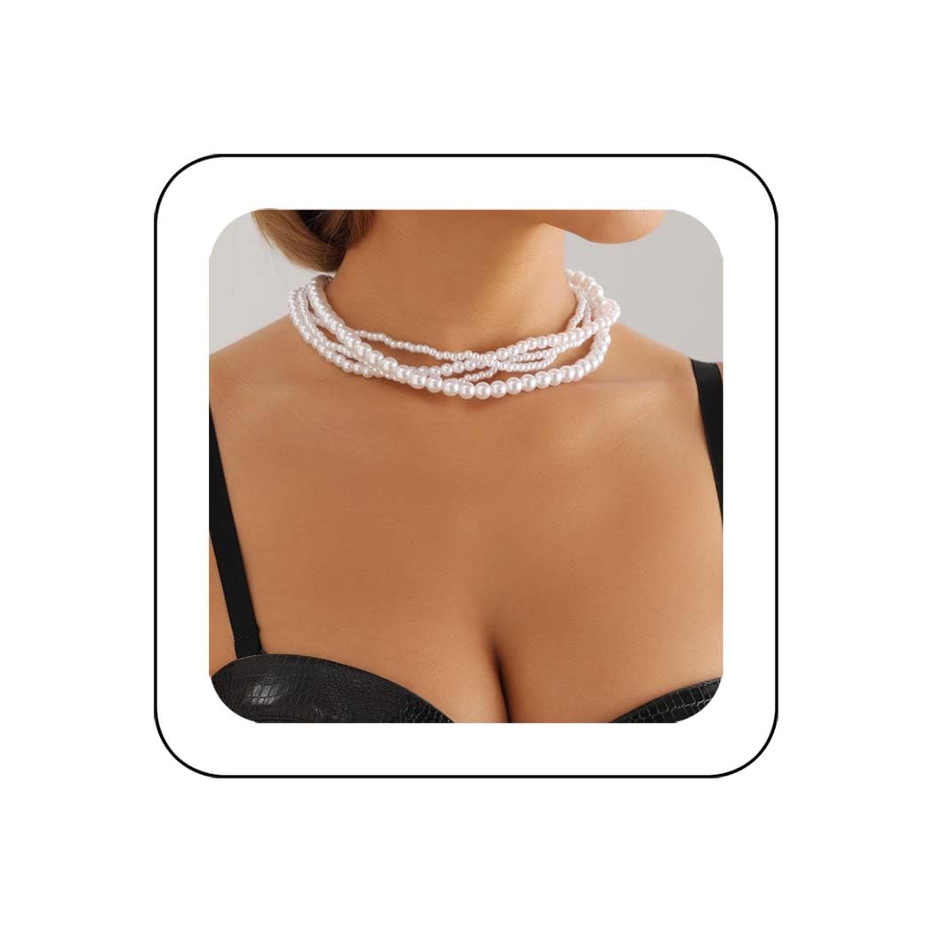 Reaky Collares de perlas en capas, gargantilla con cadena, 4 piezas, collar simple para mujer, Plástico