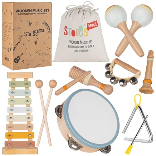 Stoie's Wooden Kids Musical Instruments for Babies and Toddlers 1-9 years old, Montessori Educational Music Toy with Xylophone, Tambourine, Hand bell, Triangle, Maracas, Durable, Storage Bag, Unisex