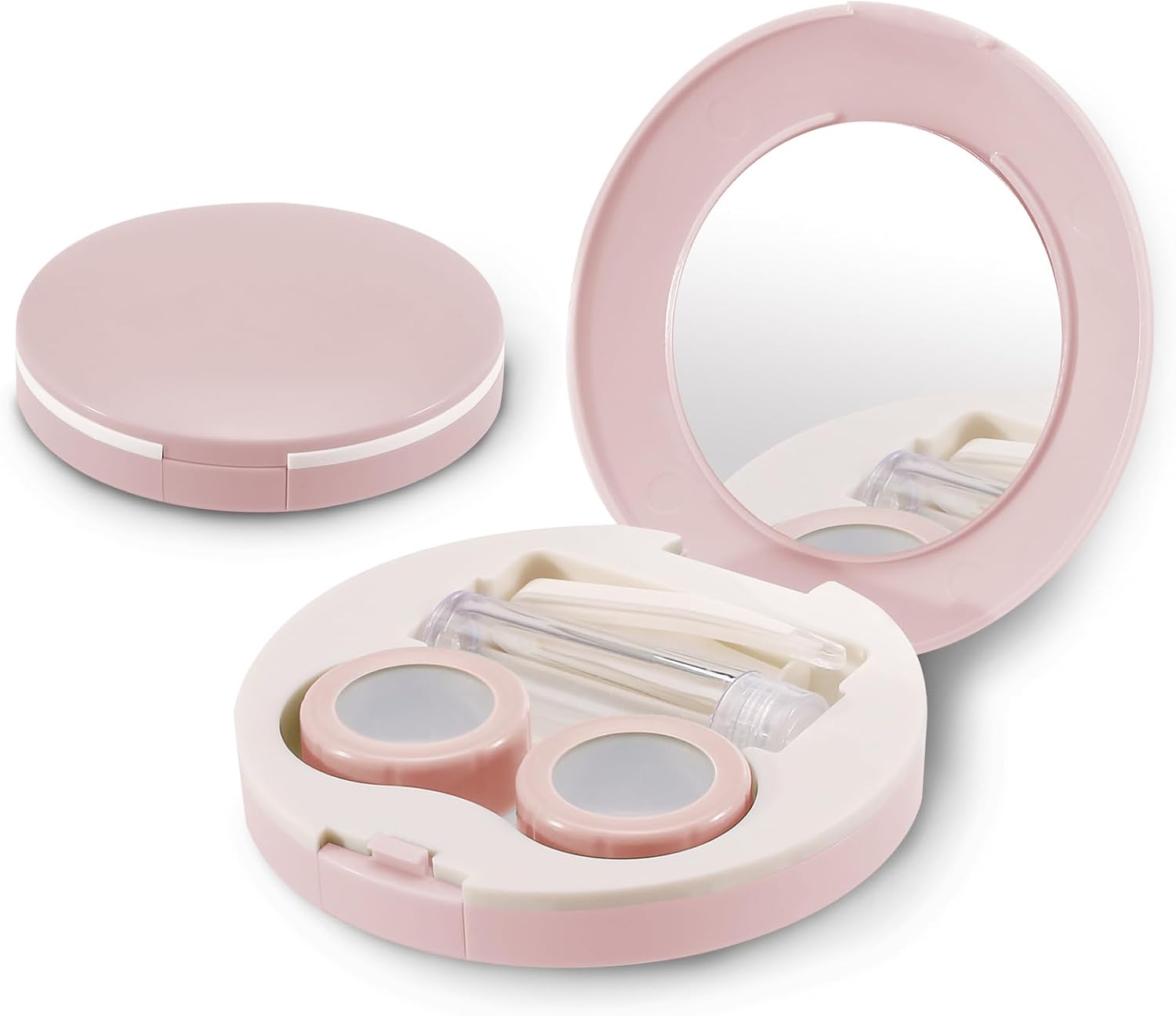 2 Pack Travel Contact Lens Case Kit, Portable Eye Contact Case with Mirror, Remover Tool, Tweezers & Solution Bottle, Lens Holder Box Container Storage for Outdoor Daily (Round, Pink)