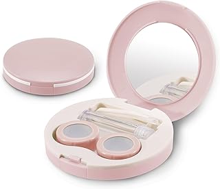 2 Pack Travel Contact Lens Case Kit, Portable Eye Contact Case with Mirror, Remover Tool, Tweezers & Solution Bottle, Lens Holder Box Container Storage for Outdoor Daily (Round, Pink)