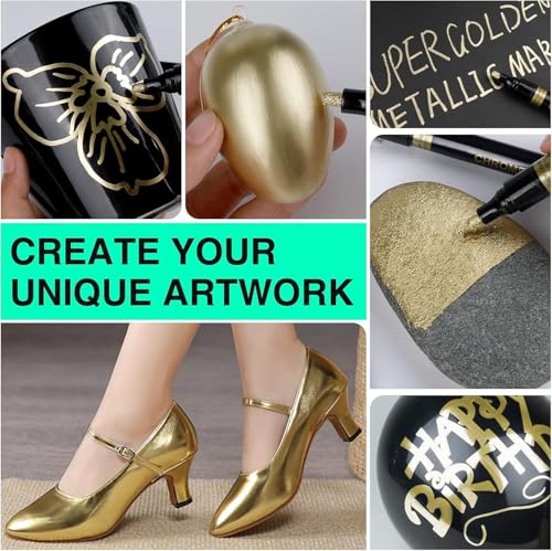 Image of Amitasha 6 Gold Chrome Paint Pens Markers, Premium Mirror Paint Pens for Resin, Glass, Plastic, Steel, Canvas, Stone, Rock Painting, Ceramic Surfaces, DIY Crafts Making Art Supplies