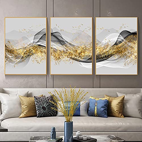 Impression sur toile ruban doré au graphisme fluide et épuré 3 pièces