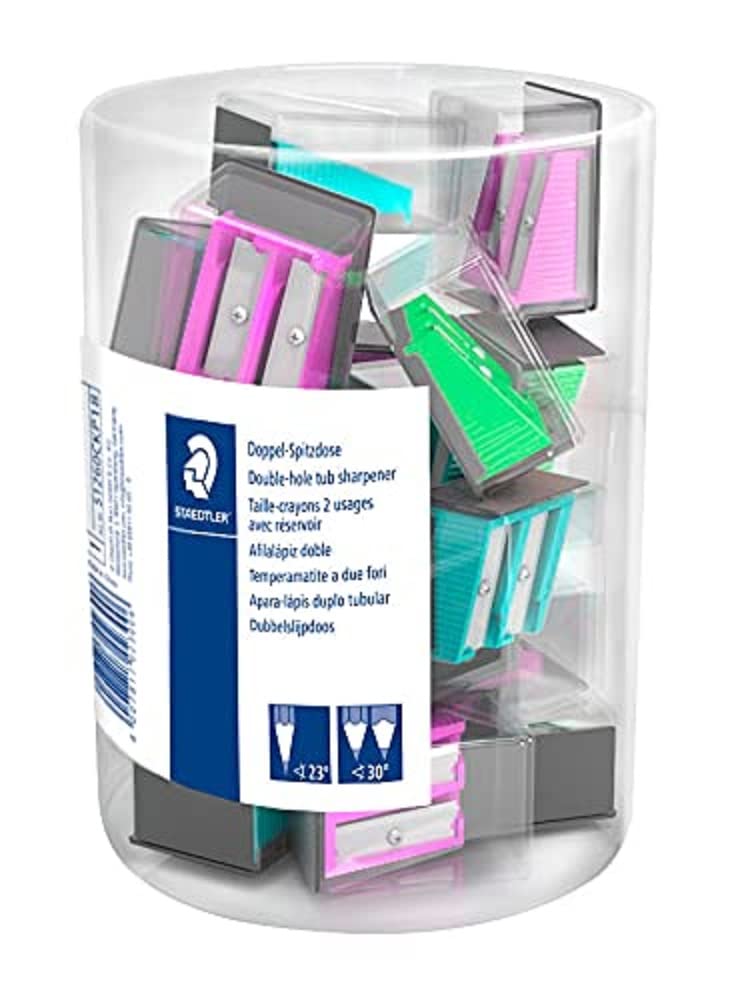 Staedtler 512 - Présentoir 18 Taille-Crayons 2 Usages Couleurs Assorties Avec Réservoir Transparent