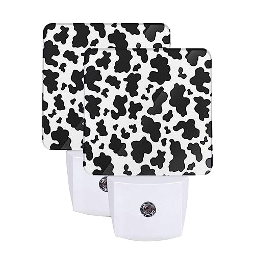 Image of Black White Cow Print Night Light Set of 2, Auto Sensor LED Dusk-to-Dawn Nightlights, Plug-in Sensor Lamp for Bedroom Bathroom Kitchen Hallway Stairs Decorative