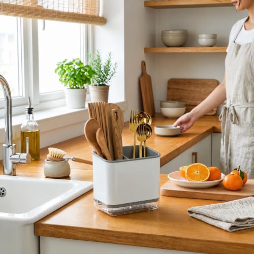 Image of Kitchen Utensil Holder with Drain Tray | Self Draining Countertop Organizer, 3 Compartment Cutlery Caddy | Detachable Water Collection Base for Spoons Forks Knives Cooking Tools (Grey)
