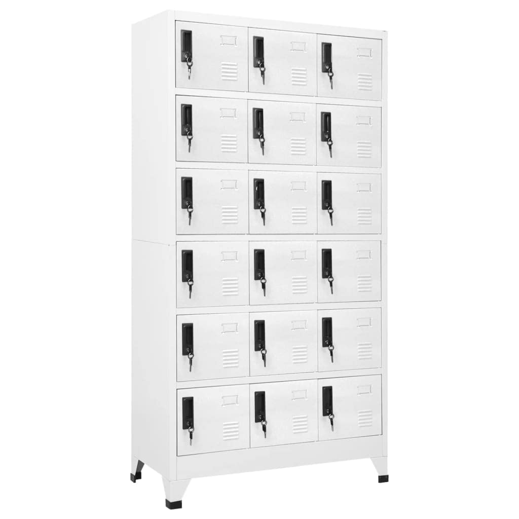 Armadietto bianco in acciaio, 90 x 40 x 180 cm, con 18 scomparti chiudibili, fessure di ventilazione, porta targhette, ideale come armadio per ufficio, scuola, magazzino e archiviazione