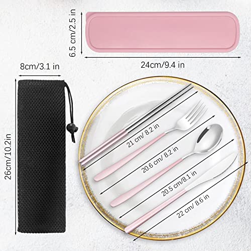 Edelstahl-Besteckset mit Etui, TWUTGAYW Tragbares Reisebesteck, Wiederverwendbares Gabel-LöFfel-Messer-EssstäBchen-Set für BüRo, Schule, Reisen, Camping, Picknick (Rosa, Silbrig)