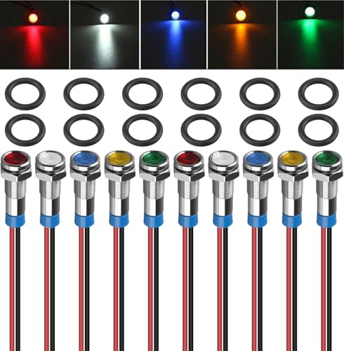 Stalora Lot de 10 voyants LED en métal de 6 mm CA/CC 12 V 24 V étanche IP66 avec câble pour tableau de bord de voiture, bateau, camion, 5 couleurs (rouge/vert/jaune/bleu/blanc)