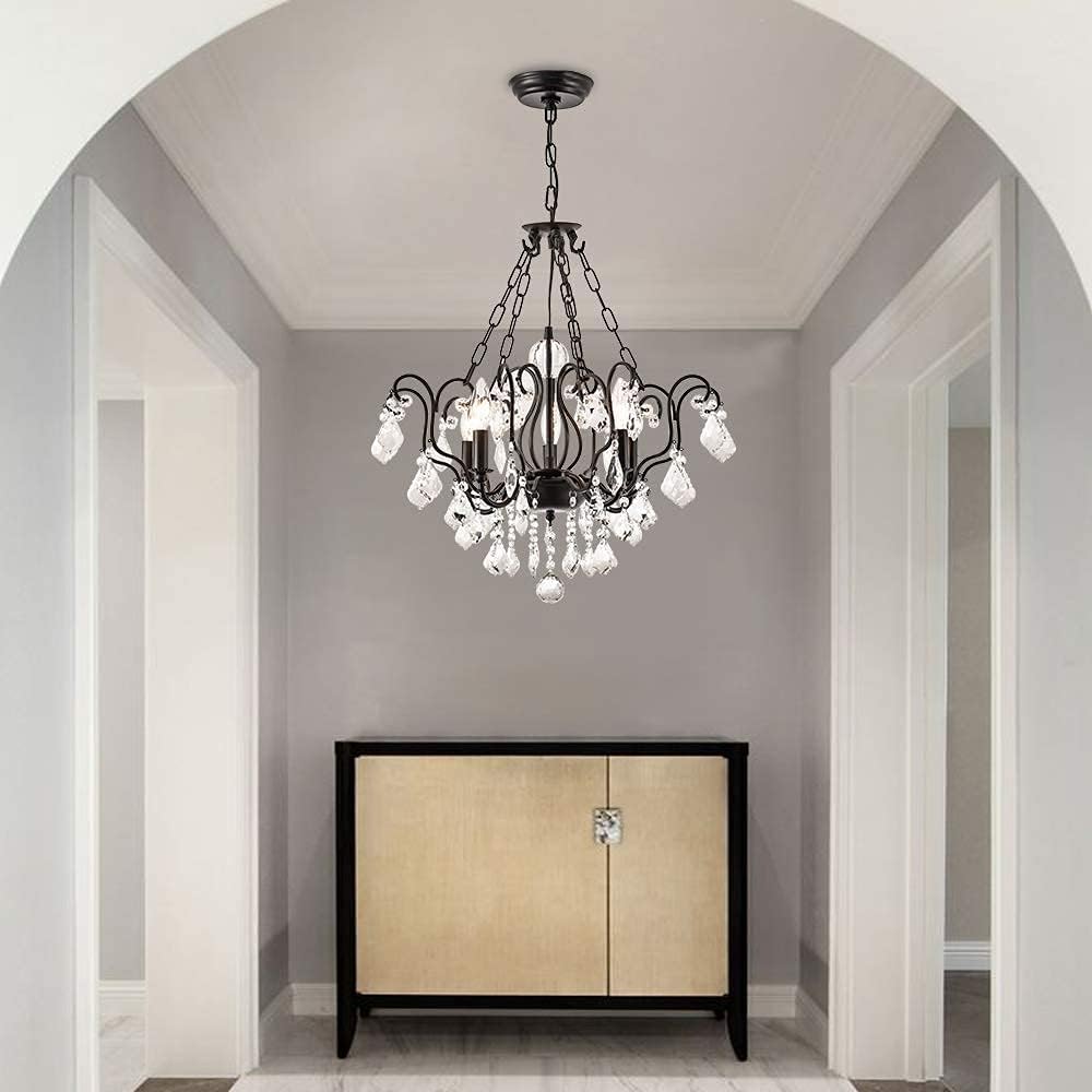 Bеѕt Dеаl 🛒 Maxax Modern K9 Crystal Chandelier, 5 Lights Raindrop Pendant Light, Adjustable Ceiling Lighting Hanging Fixture, for Dining Room, Living Room, Kitchen, Black