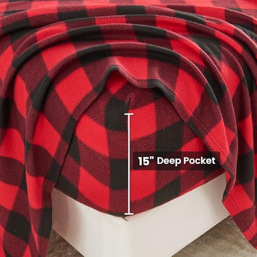Image of Viviland Plush Micro Fleece Buffalo Plaid Red and Black Holiday King Bed Sheet Set - Soft Polar Fleece Velvet Sheets - Extra Warm Winter Flannel Bed Sheets with Deep Pocket - Christmas Sheet