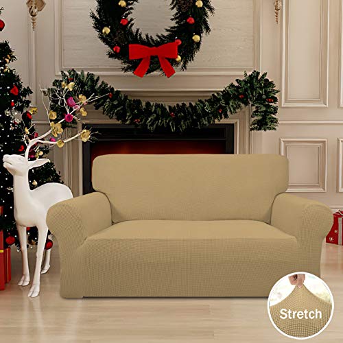 Image of Easy-Going Stretch Loveseat Slipcover 1-Piece Sofa Cover Furniture Protector Couch Soft with Elastic Bottom for Kids Polyester Spandex Jacquard Fabric Small Checks (Loveseat, Golden)