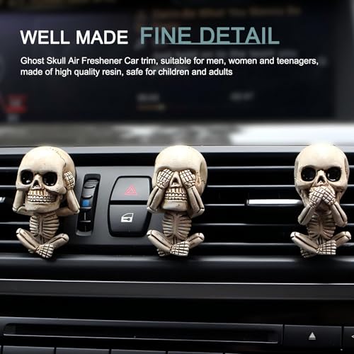 Image of 3 PCS Car Air Conditioner Outlet Diffuser, 1.15 inch x 2.1 inch x 1.5 inch Cool Skull Design Air Fresh Clips, Creative Halloween Resin Car Interior Ornaments, Universal for Most Cars (White)
