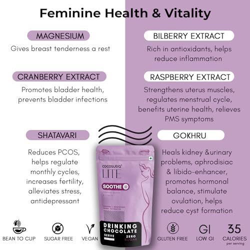 Image of Cocosutra SOOTHE - Sugar Free Drinking Chocolate Mix | For Feminine Health & Period Pain Relief | Gokhru, Shatavari & Berry Extracts | Vegan | Keto Friendly | Enjoy hot or cold | 200 g