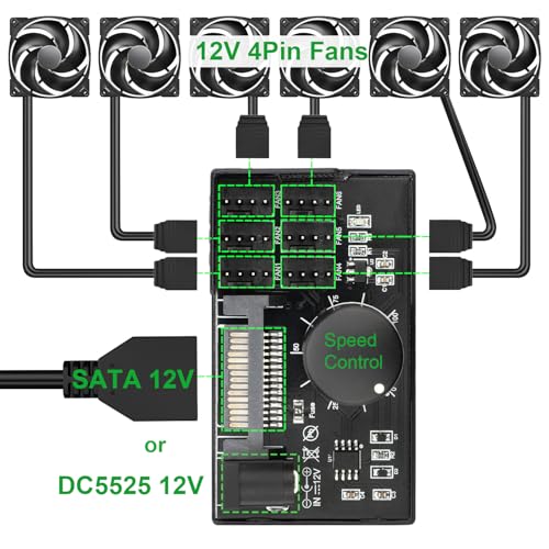 Image of 4 Pin 12V PWM Fan Controller 6 Fans Supported , PC Fan Adapter Hub Powered by SATA and DC 5525, Cooling Fan Speed Knob with Max Total 60W 5A Output