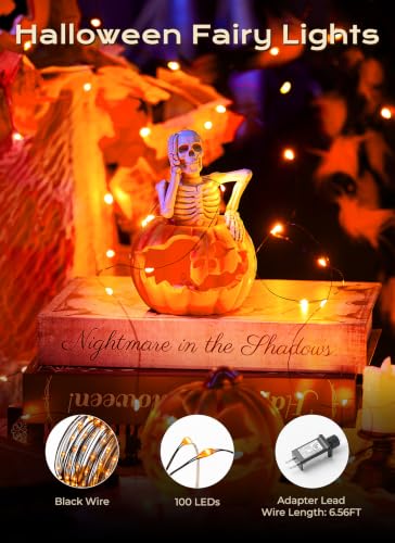 Image of Halloween Lights Plug in, 33FT 100LEDs Orange Fairy Lights, Waterproof Flexible Black Wire String Lights for Bedroom Home Party Ghost Haunted House Indoor Outdoor Halloween Decorations, Orange