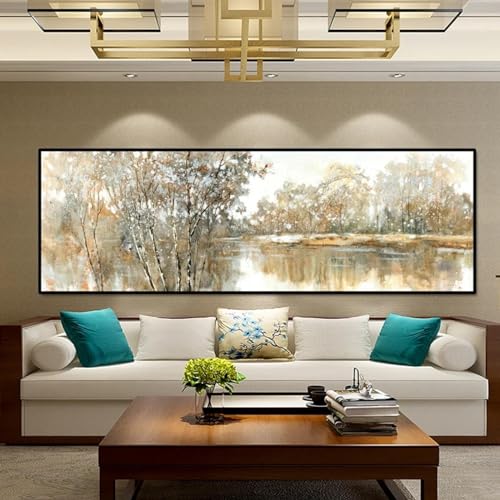 Art mural paysage abstrait pour salon contemporain : grand tableau lac et arbres LSYALUCK