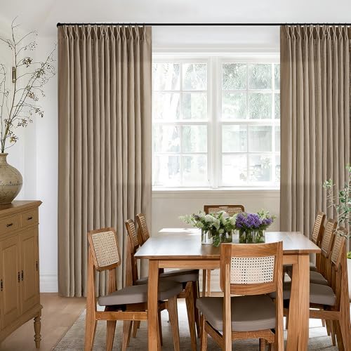 Image of Extra Long Light Brown Linen Curtains 120 Inches Long Tan Brown Coffee Latte Farmhouse Rustic Curtain Light Filtering Semi Sheer Back Tab Pinch Pleat Curtain for Tall Ceiling Living Room 2 Panels