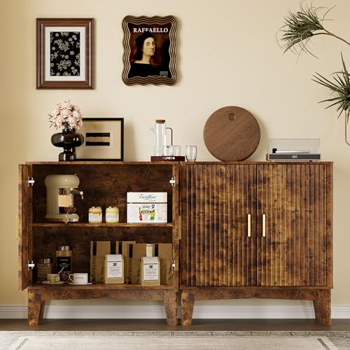 Image of BORNOON Storage Cabinet with Doors and Adjustable Shelf, Modern Fluted Sideboard Buffet Cabinet, Freestanding Coffee Bar for Kitchen, Pantry, Entryway, Living Room (Rustic Brown)