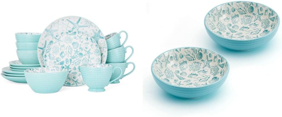 Pfaltzgraff Venice 16-Piece Stoneware Dinnerware Set, Service for 4, Aqua/White - and Pfaltzgraff Venice Set of 2 Pasta Bowls, 8 Inch, Teal and White