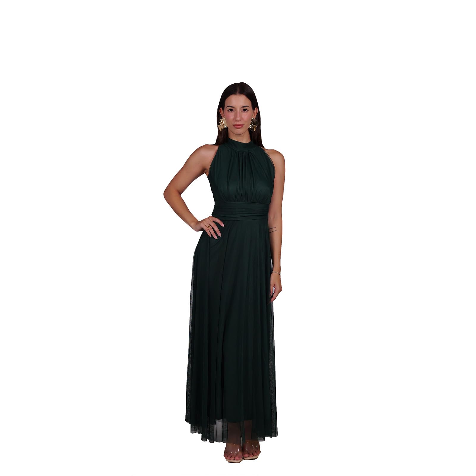 Abito Lungo Elegante Donna con Stola Coordinata – Collo Alto Senza Maniche, Linea Fluida in Tulle – Vestito da Cerimonia Made in Italy