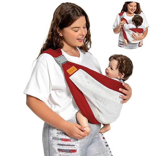 Image of Shiaon Baby Sling Carrier, Baby Carrier Newborn to Toddler(7-45lbs), Toddler Carrier with Safety Buckle, One Shoulder Adjustable Shoulder Strap, One Size Fits All, Mesh Red