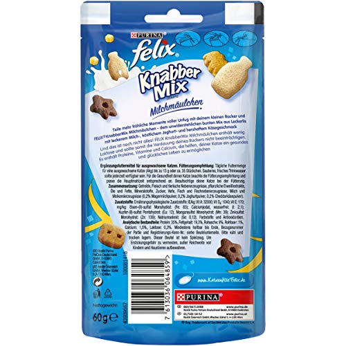 Felix KnabberMix Milchmäulchen Katzensnack, Knusper-Leckerlie Laktosearm, 8er Pack (8 x 60g)