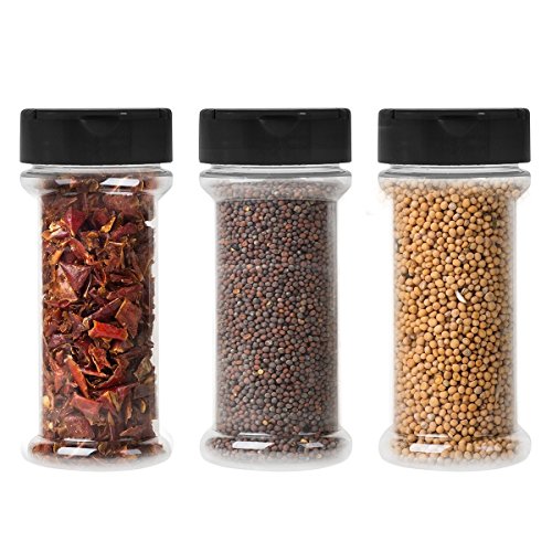 12-Pack Clear Plastic Spice Jars Storage Container Bottle-7 Oz -Flapper Cap to Pour or Shaker/Sifter- Pressure Sensitive Liner to store Spice,Herbs-BPA free (12, black caps)